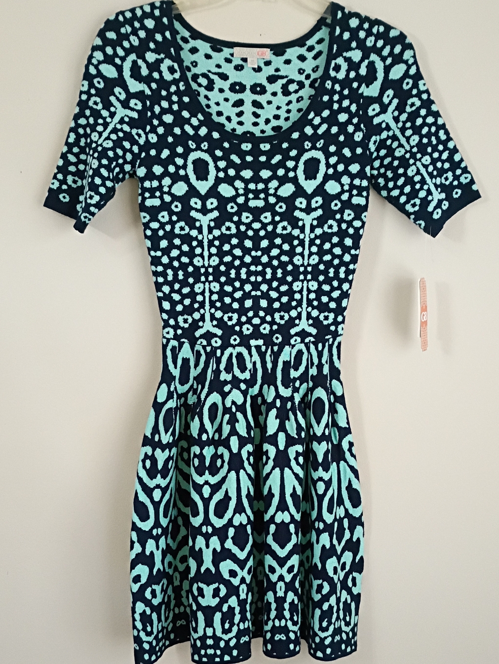 Gianni Bini Navy and Aqua Patterned Fit & Flare Dress